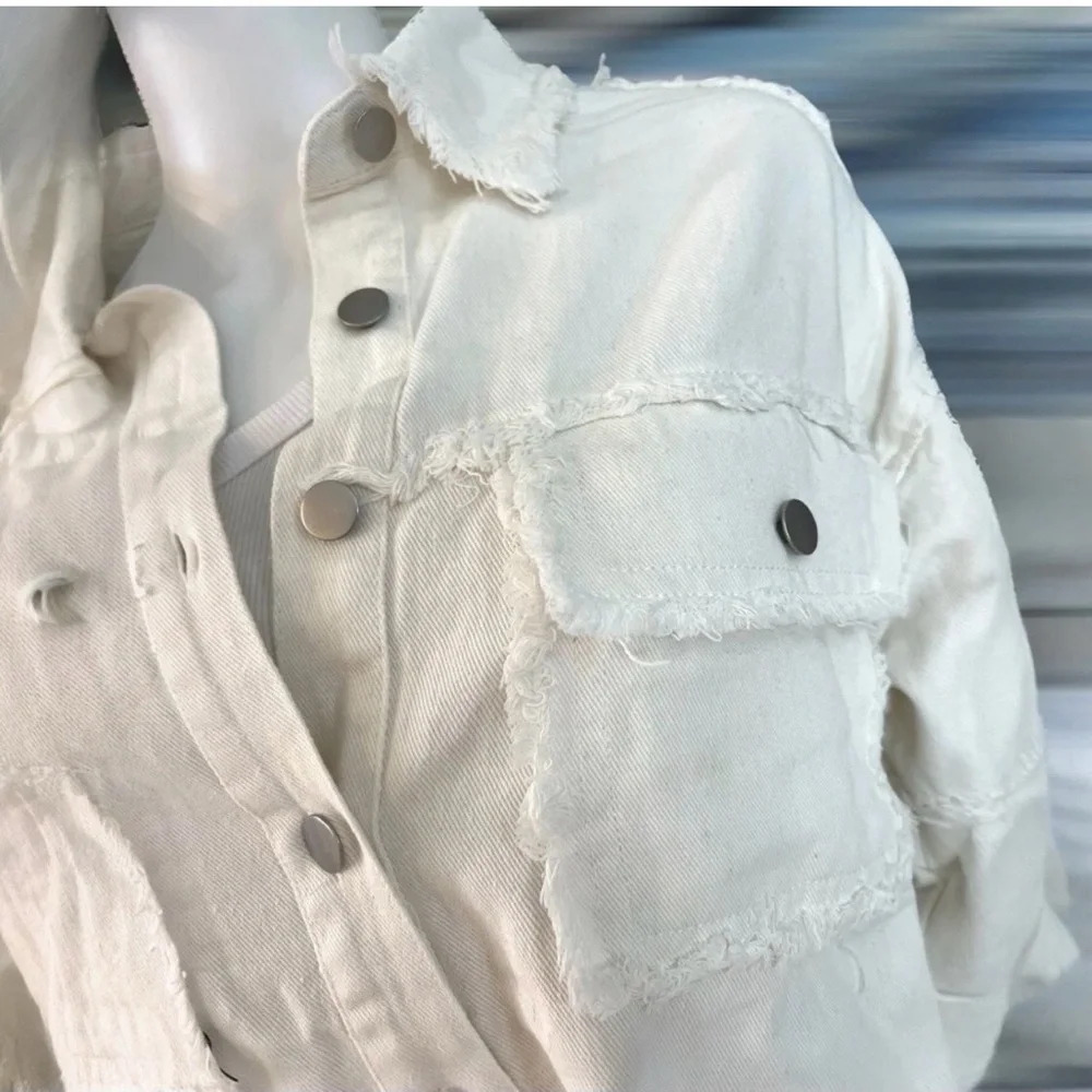 BLUE VELVET off white denim sequin and bead fringe detail Shacket/top size S M L - Picture 5 of 10